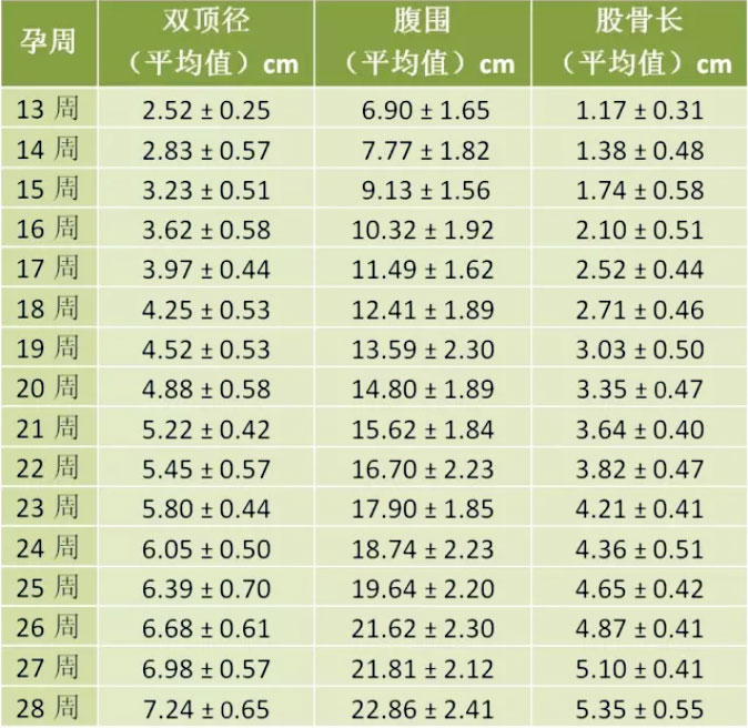 孕期胎儿发育标准对照表